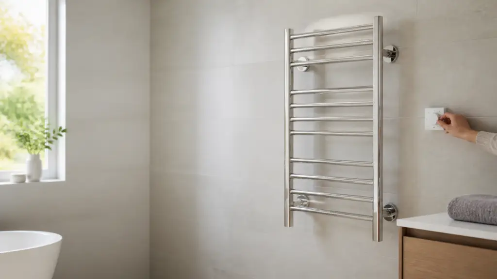 Generic electric heated towel rack in a calm modern bathroom beside a wall timer