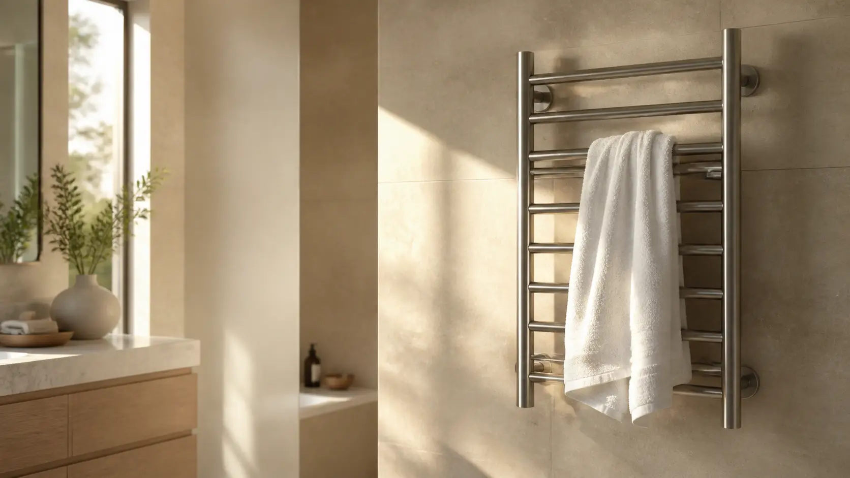 Generic electric heated towel rack holding a loosely draped white towel in a sunlit bathroom