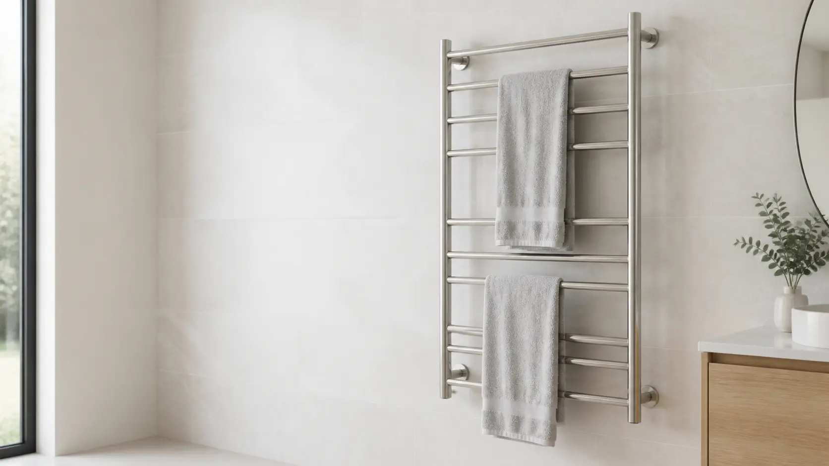 Generic electric heated towel rack with two towels hanging separately in a bright bathroom