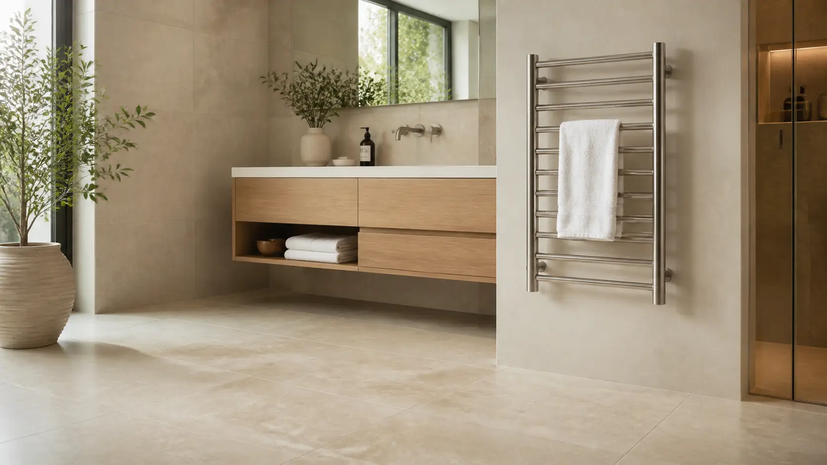Generic heated towel rack beside a spacious tiled bathroom floor