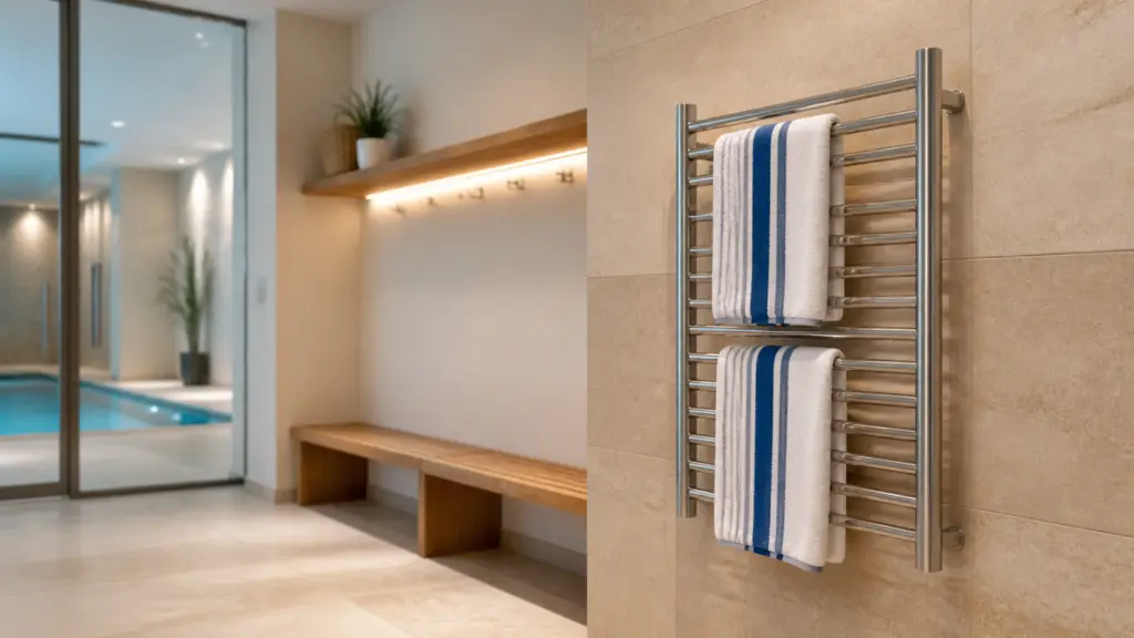 Indoor pool-house changing area with towels spaced on a generic heated towel rack